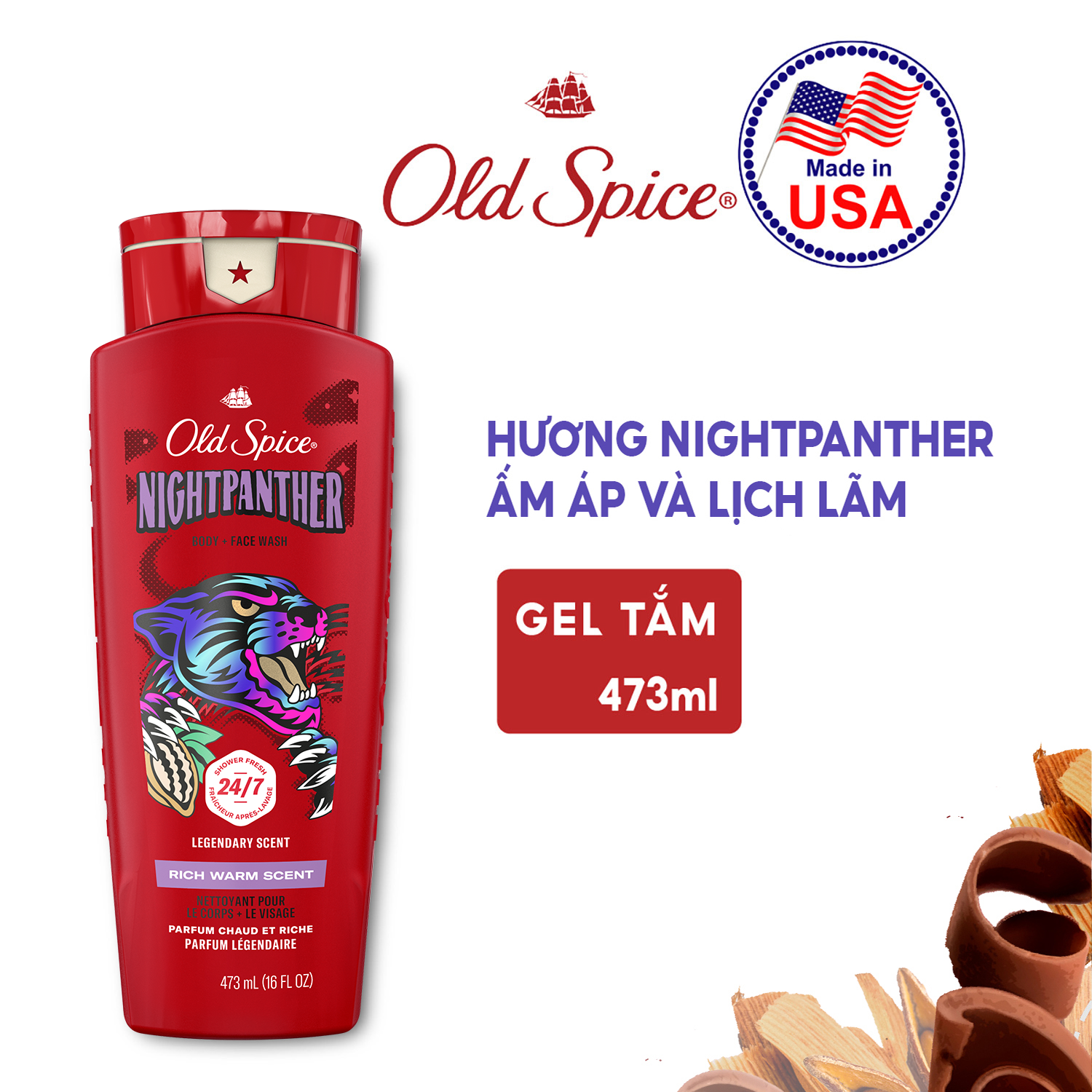 Sữa tắm Old Spice Nightpanther | Hỗ trợ làm sạch bụi bẩn và bã nhờn, Dưỡng ẩm cho da