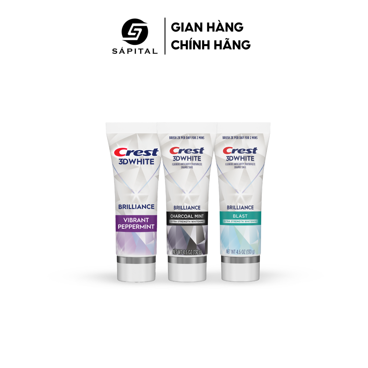 Kem đánh răng Crest 3D White dòng cao cấp Brilliance - Blast, Charcoal, Vibrant Peppermint