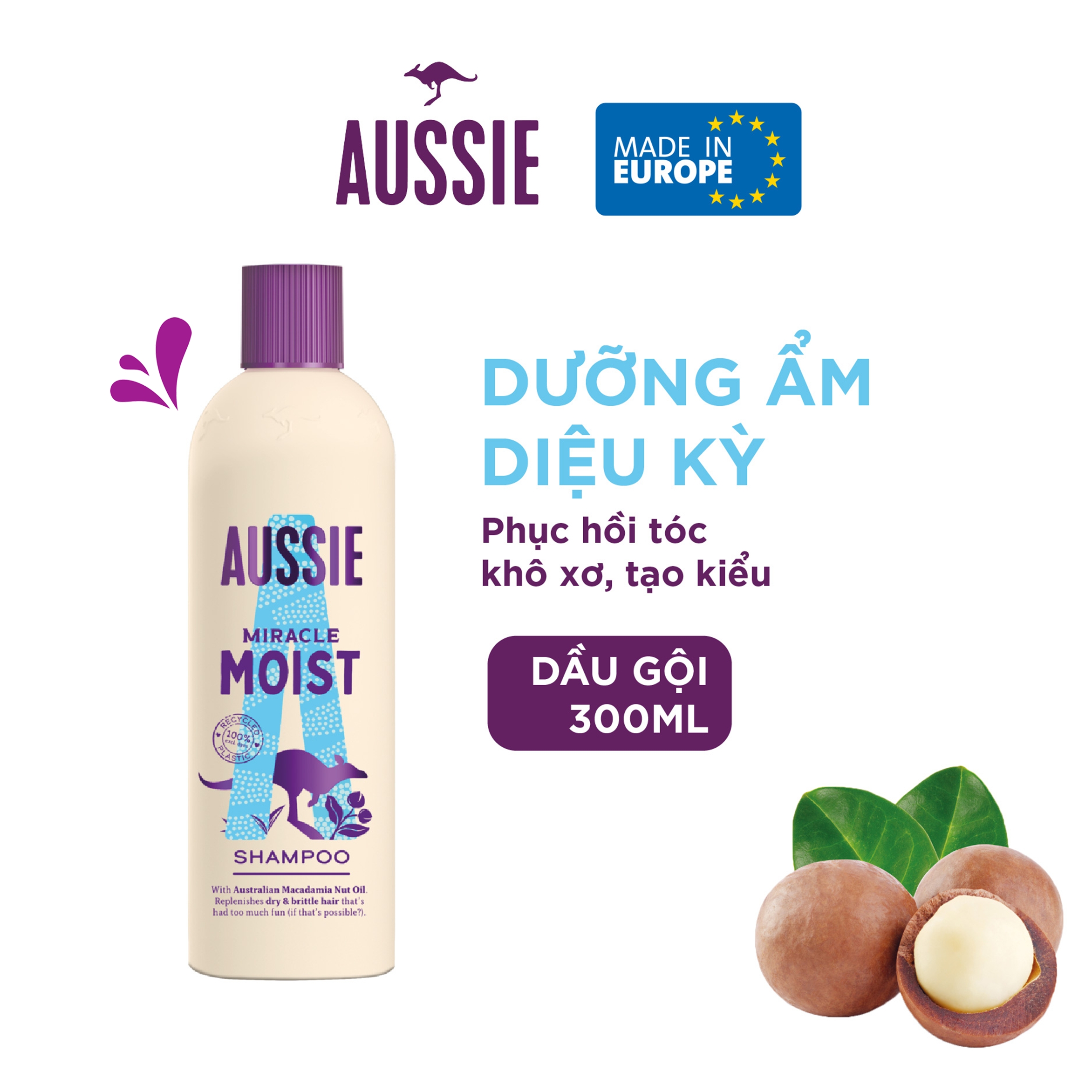 Dầu gội Aussie Miracle Moist 300ml chính hãng - Cấp ẩm sâu, phục hồi tóc khô xơ, mềm mượt chuẩn salon